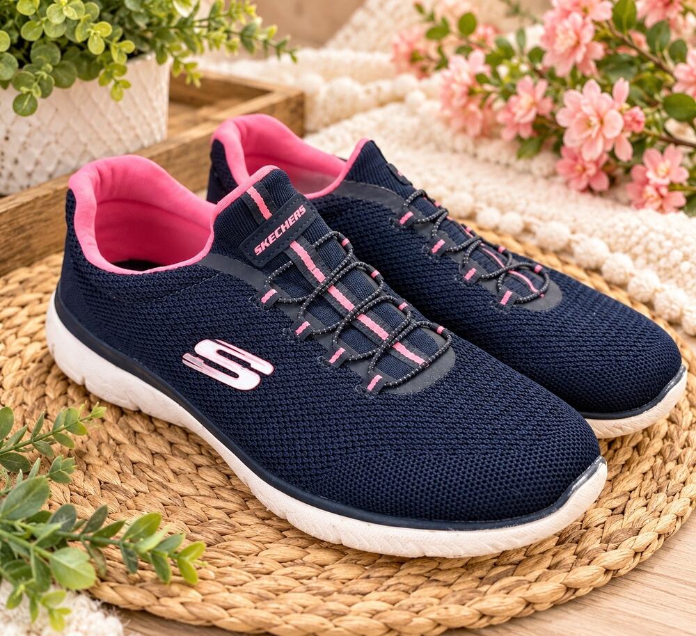 Skechers Summits Cool Classic Navy/Pink Women Size 10 Wide Memory Foam Sneakers